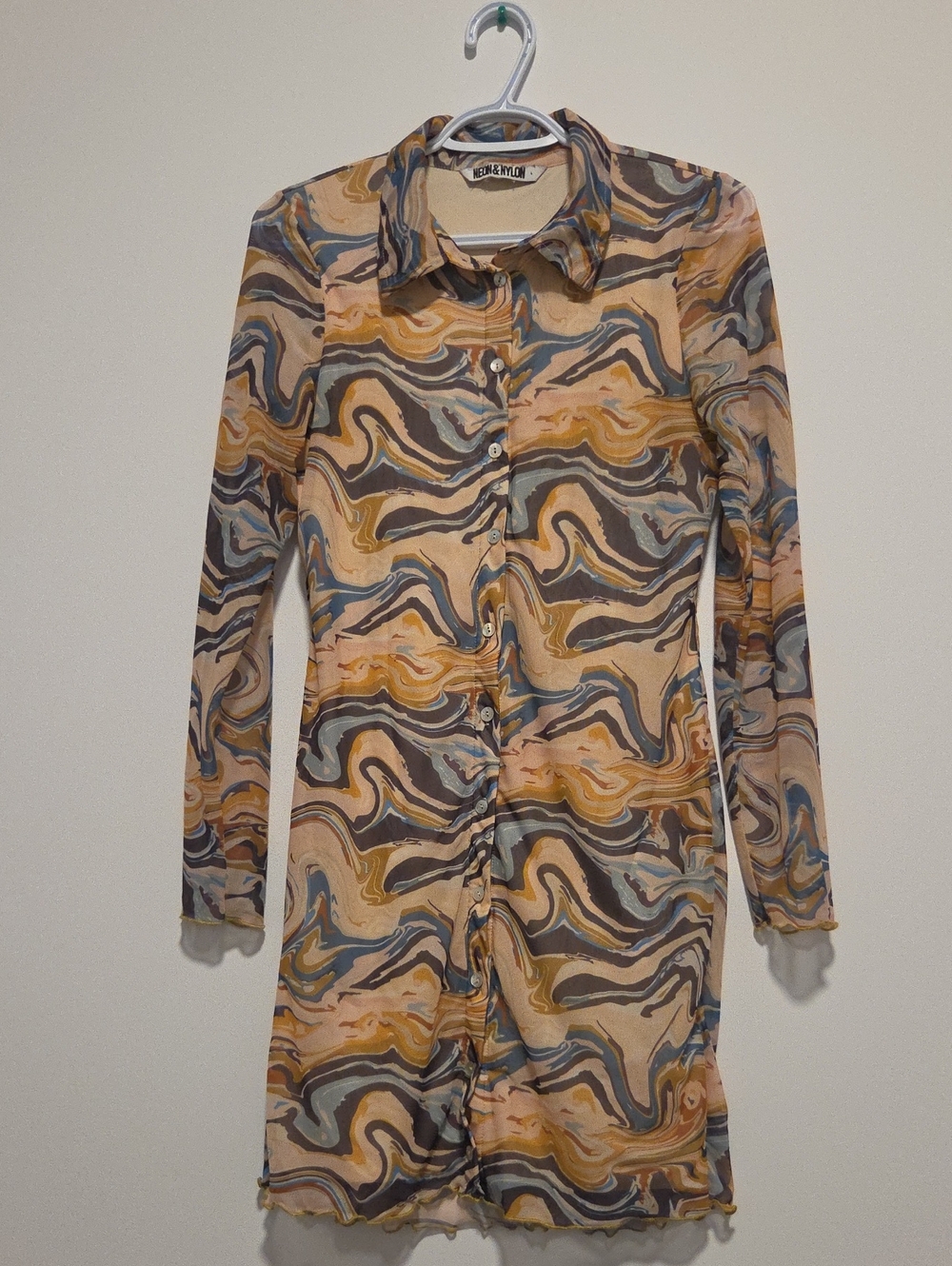 Long Sleeve Swirl Print Shirt Dress - Beige Multi